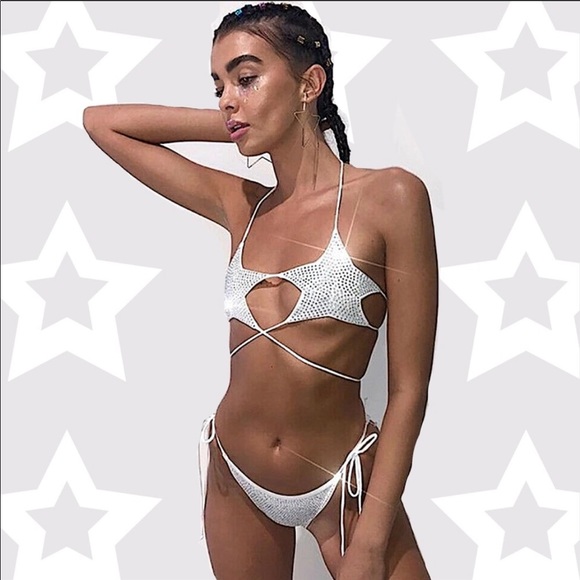 Sequin  Patriotic Star Shaped Tie Thong Bikini NWT - Picture 2 of 8